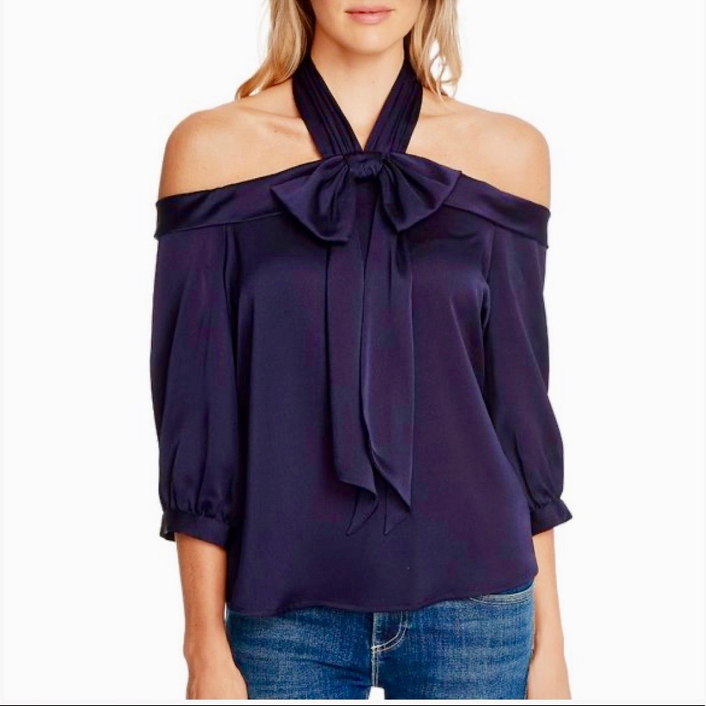 CeCe Blue Silk Off the Shoulder Blouse